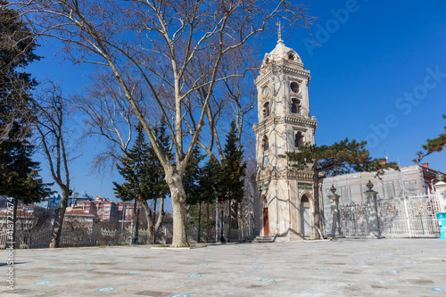 The clock tower in front of Yildiz Hamidiye Mosque.