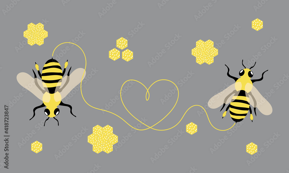 Cute postcard with bees and honeycombs for the holiday World Bee Day. The trendy colors of 2021 are yellow and gray. For printing on business cards, clothes, kitchen textiles. 