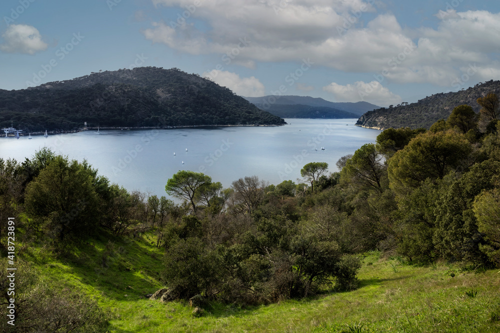 Pantano de San Juan on a sunny day with nice clouds. San Juan reservoir near Pelayos de la presa in Madrid