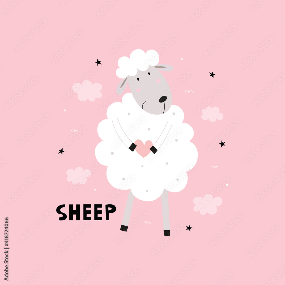 Obraz premium Sheep cartoon background Flat style design for web, graphics, card printing, vector illustration.