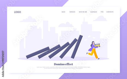 Domino effect or business resilience metaphor vector illustration concept. Adult young businesswoman run away from falling domino line business concept problem solving and danger domino chain reaction
