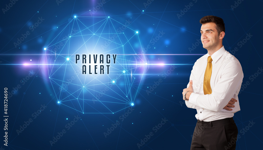 Businessman thinking about security solutions with PRIVACY ALERT inscription Businessman thinking about security solutions with PRIVACY ALERT inscription