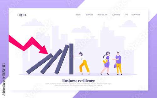 Business resilience or domino effect metaphor vector illustration website concept. Adult young businesswoman pushing falling domino line business concept of problem solving and stopping chain reaction
