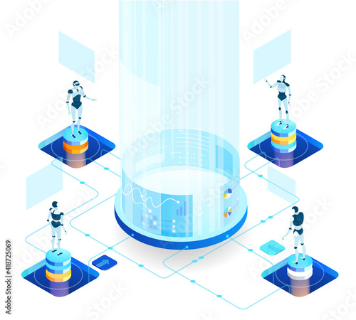 Isometric 3D business concept environment,  Robots working as a team in server room. Future with robots, artificial intelligence, big tada solving problems. 