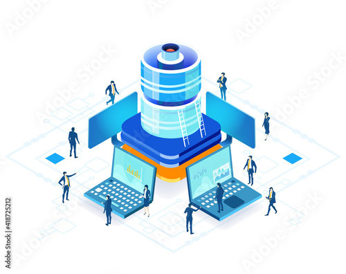 Isometric 3D business concept environment,  Business people working in server room, technology, big data, computing, artificial intelligence concept illustration