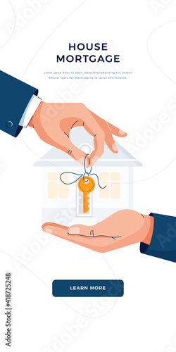 Mortgage concept. Male hands giving keys for property buying. Deal sale, mortgage loan, real estate, dealing house, property purchase concept for banner, web, emailing. Flat design vector illustration