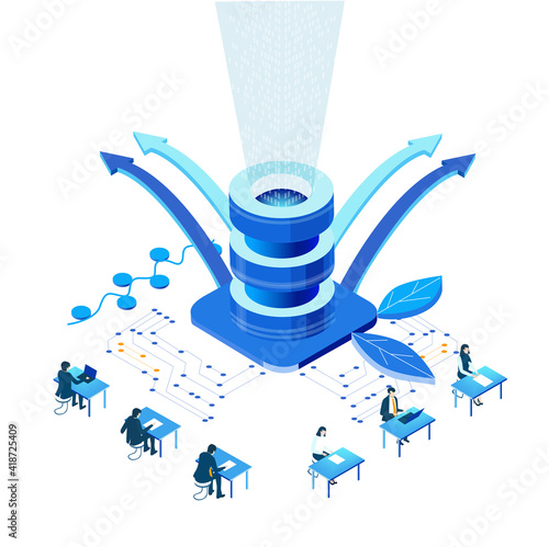 Isometric 3D business concept environment,  Business people working in server room, technology, big data, computing, artificial intelligence concept illustration