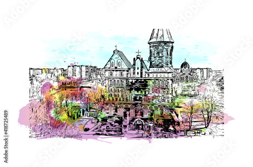 Building view with landmark of Kaliningrad is the capital of the Russia. Watercolour splash with hand drawn sketch illustration in vector. photo