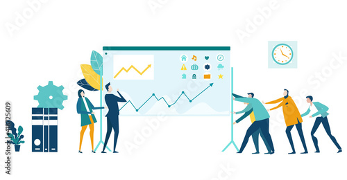 Business plan presentation. Businessman reading infographic, team representing the work. Business concept illustration