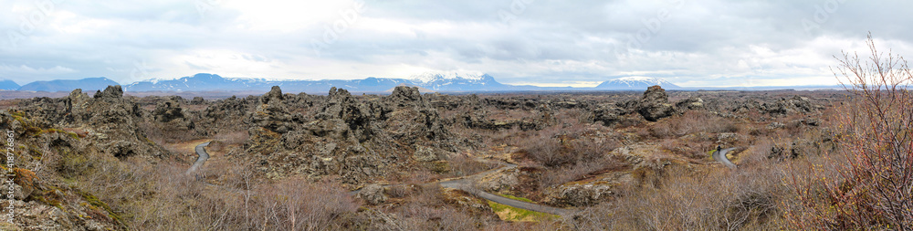 Panorama of volcanic landscape of Dimmuborgir