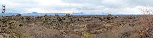 Panorama of volcanic landscape of Dimmuborgir