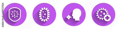 Set Shield protecting from virus, Virus, Man coughing and Positive virus icon with long shadow. Vector.