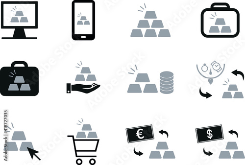 Silver bullion investment dealer vector icon set - buy online or mobile, hand delivery, coins and bars, jewellery to bullion, cash to bullion, silver investment portfolio. Simple silver web icons.