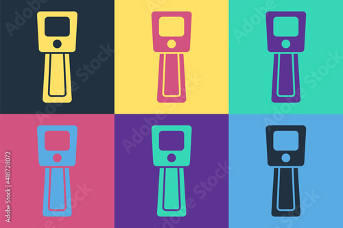 Pop art Digital contactless thermometer with infrared light icon isolated on color background. Vector.