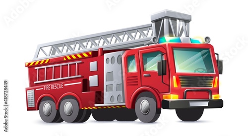 Vector cartoon style fire rescues red truck, isolated on white background.