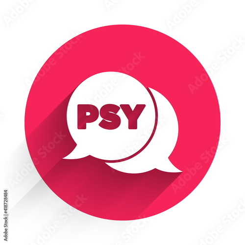 White Psychology icon isolated with long shadow. Psi symbol. Mental health concept, psychoanalysis analysis and psychotherapy. Red circle button. Vector.