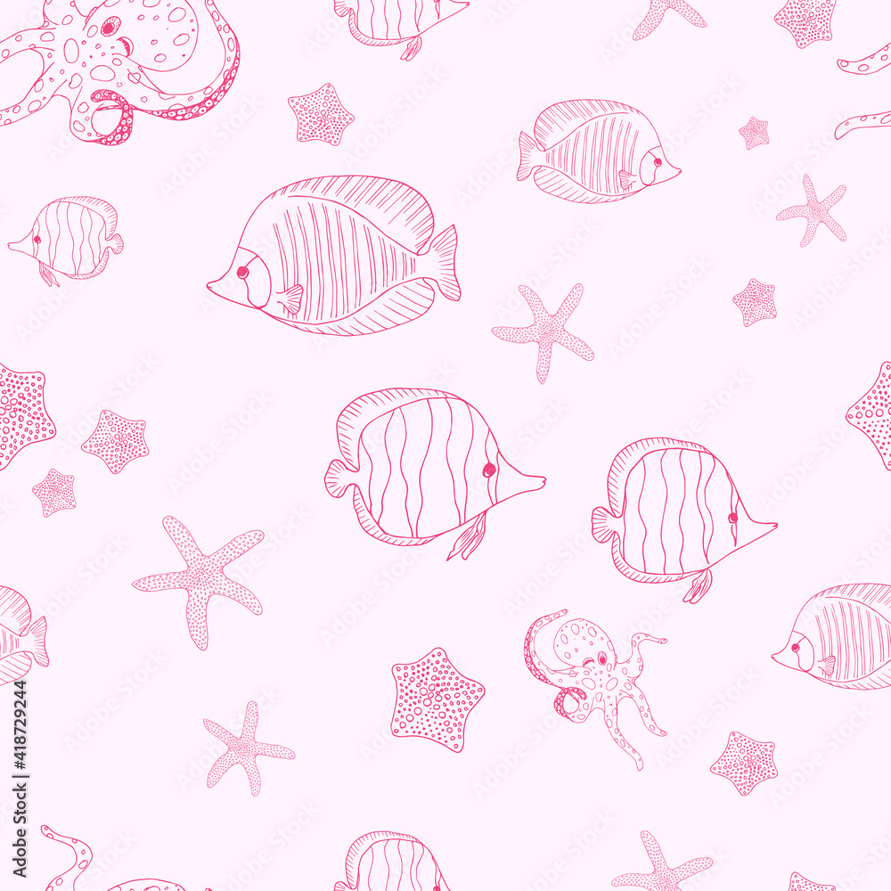 Delicate pink seamless pattern with fishes and octopuses. Delicate pink seamless pattern with fishes and octopuses.