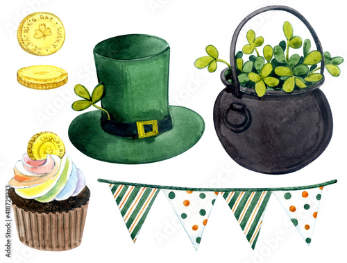 Wallpaper Mural Watercolor elements. Clip art. St. Patrick's Day decor. Green hat, flags, cake, coin. Torontodigital.ca