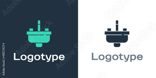 Logotype Washbasin with water tap icon isolated on white background. Logo design template element. Vector.