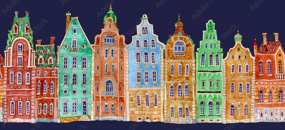 Architectural seamless border pattern on a dark blue background. Watercolor painted doodle Fairy tale houses panorama, old medieval European town street. Travel brochure, web site banner
