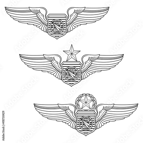 U.S. Air Force Weapons Controller Officer Badge Set is an illustration that includes the basic, senior and master Air Force Weapons Controller Officer Wings.