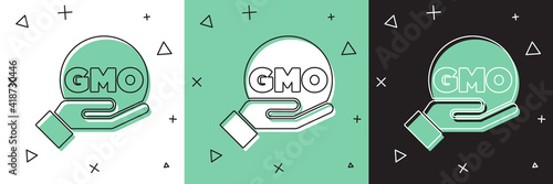Set GMO icon isolated on white and green, black background. Genetically modified organism acronym. Dna food modification. Vector.