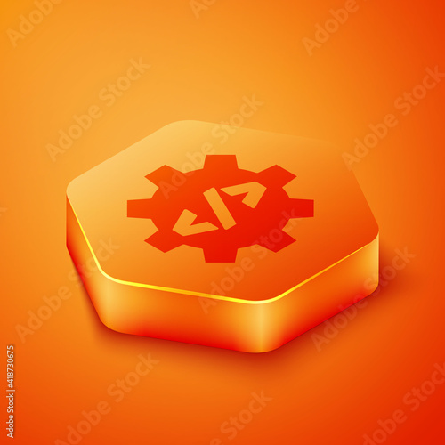 Isometric Web design and front end development icon isolated on orange background. Orange hexagon button. Vector.