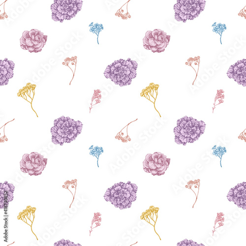 Seamless pattern with hand drawn pastel wax flower, forget me not flower, tansy, ardisia, brassica, decorative cabbage