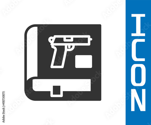 Grey Book with pistol or gun icon isolated on white background. Police or military handgun. Small firearm. Weapon catalog. Vector.