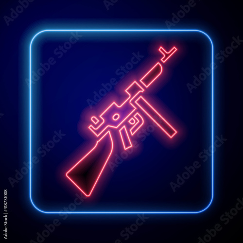 Glowing neon Thompson tommy submachine gun icon isolated on blue background. American submachine gun. Vector.