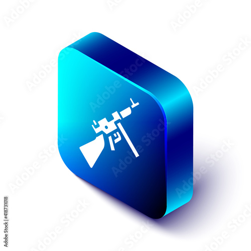 Isometric Thompson tommy submachine gun icon isolated on white background. American submachine gun. Blue square button. Vector.