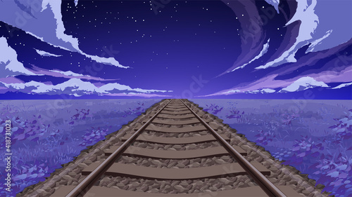 まっすぐな線路と草原の風景_背景イラスト_夜_16:9