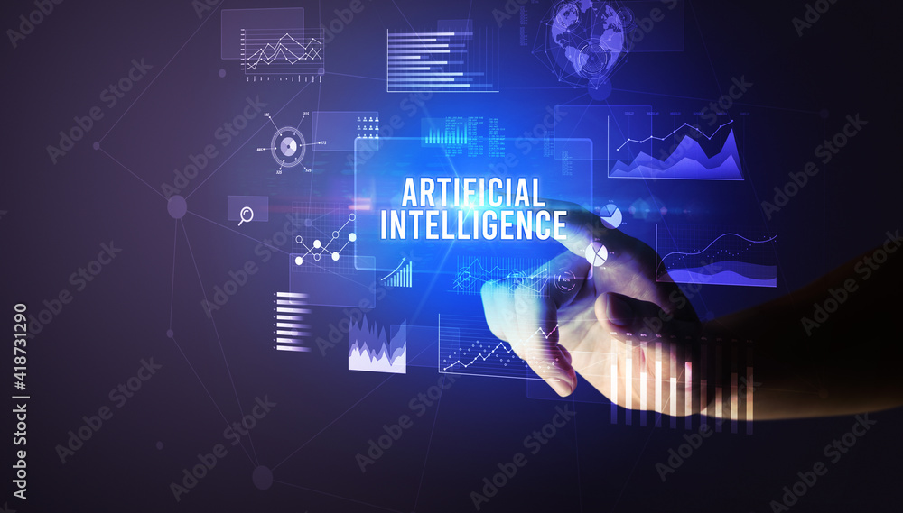 Hand touching ARTIFICIAL INTELLIGENCE inscription, new business technology concept Hand touching ARTIFICIAL INTELLIGENCE inscription, new business technology concept