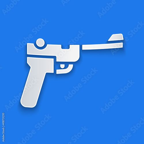 Paper cut Mauser gun icon isolated on blue background. Mauser C96 is a semi-automatic pistol. Paper art style. Vector.