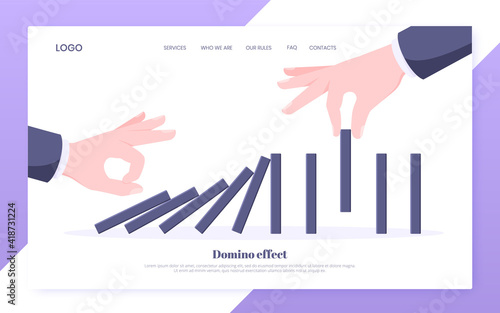 Domino effect and business resilience concept. One hand starts chain reaction of falling board game blocks of dominoes and another hand stops it landing page flat style design vector illustration.