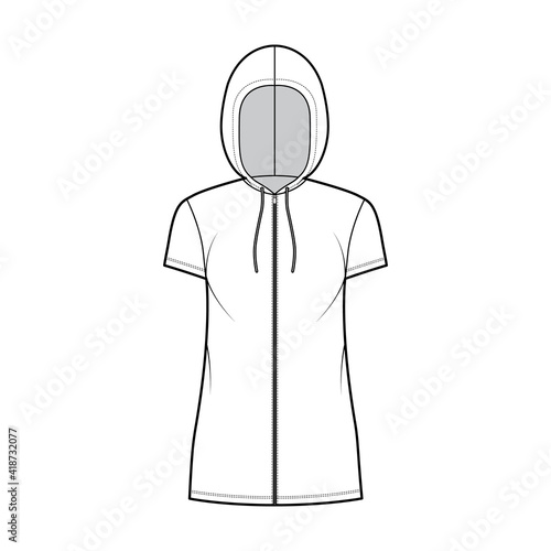 Zip-up Hoody dress technical fashion illustration with short sleeves, mini length, oversized body, Pencil fullness. Flat top apparel template front, white color. Women, men, unisex CAD mockup