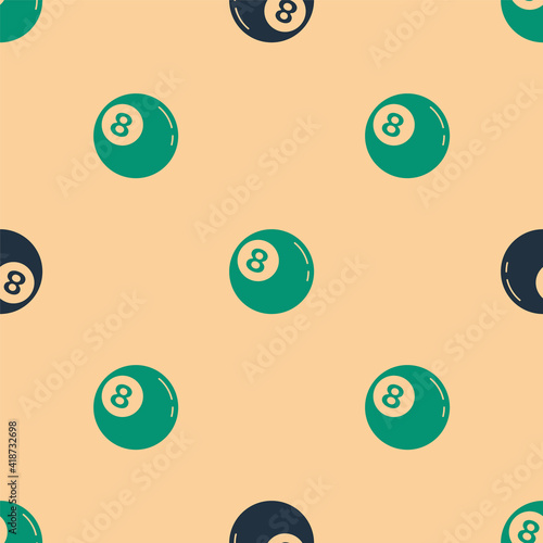 Green and black Billiard pool snooker ball with number 8 icon isolated seamless pattern on beige background. Vector.