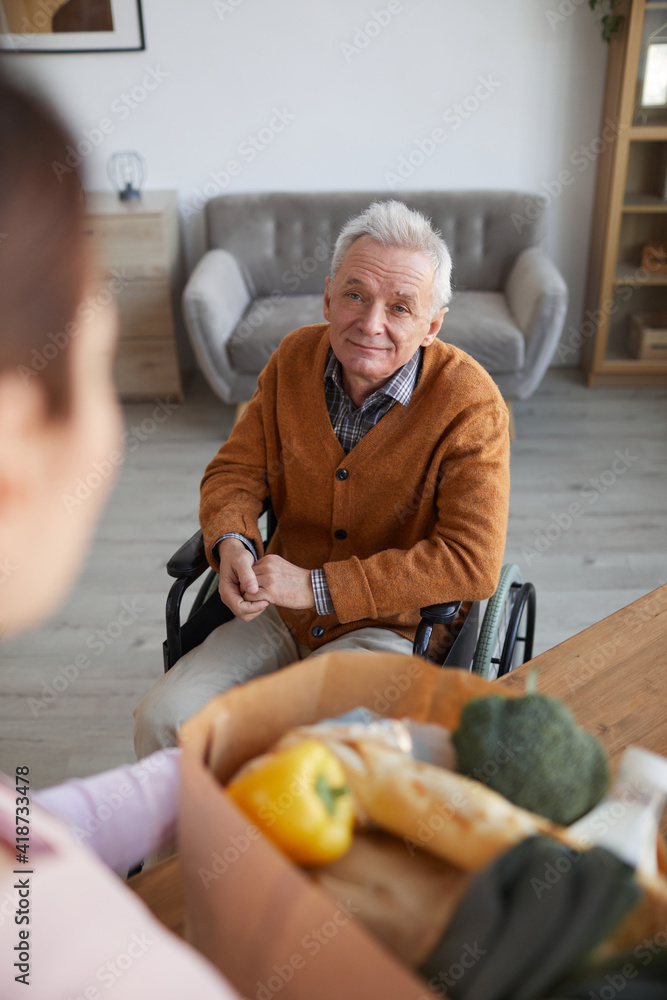 Fototapeta premium High angle portrait of smiling senior man in wheelchair looking at female nurse bringing groceries, assistance and food delivery concept