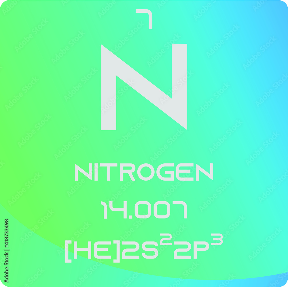 Nitrogen N Non reactive metal Chemical Element vector illustration diagram, with atomic number, mass and electron configuration. Simple gradient design for education, lab, science class. Nitrogen N Non reactive metal Chemical Element vector illustration diagram, with atomic number, mass and electron configuration. Simple gradient design for education, lab, science class.