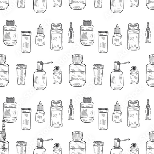 Seamless pattern with cute hand drawn bottles for pills, mixtures and other medical or cosmetology preparation. Vector medical collection