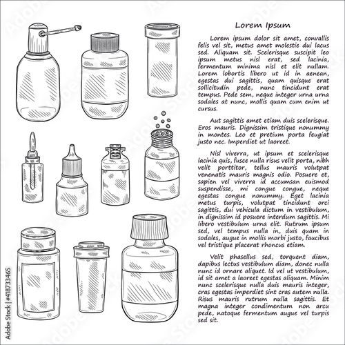 Illustration with cute hand drawn bottles for pills, mixtures and other medical or cosmetology preparation. Vector medical collection