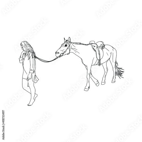 Isolated illustration of a girl with a horse. Horse riding  horse farm  logo  icon  blank for designers