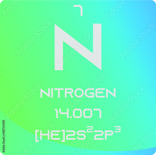 Nitrogen N Non reactive metal Chemical Element vector illustration diagram, with atomic number, mass and electron configuration. Simple gradient design for education, lab, science class.