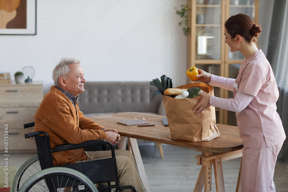 Side view portrait of smiling senior man in wheelchair looking at female nurse bringing groceries, assistance and food delivery concept - obrazy, fototapety, plakaty 