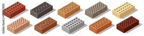 Isometric bricks isolated. Set of colorful 3d bricks for construction and building. Objects with shadows on white background