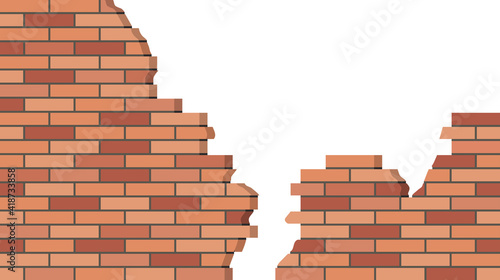 Broken Brick Wall. 3D view,  brick stone wall ruined. Background for cartoon. Flat design style. Vector illustration