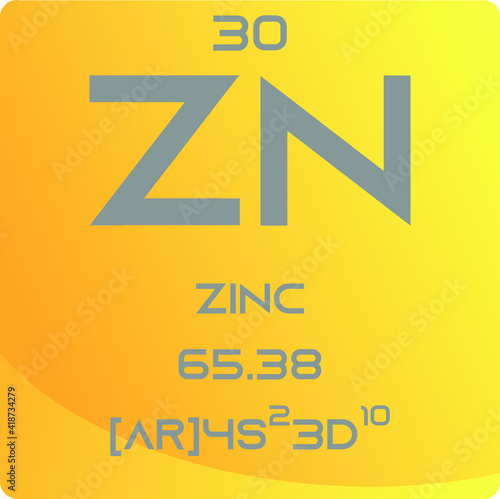 Zinc Zn Transition metal Chemical Element vector illustration diagram, with atomic number, mass and electron configuration. Simple gradient design for education, lab, science class.