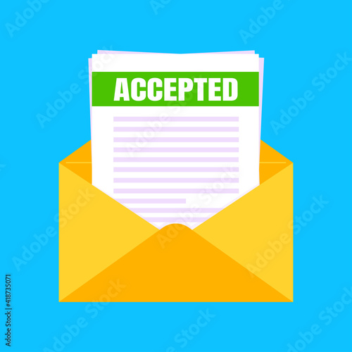 College or university acceptance letter with envelope and paper sheets document email. Job employment offer, college acceptance success or business email form flat style design vector illustration.