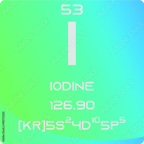 Iodine I Halogen Chemical Element vector illustration diagram, with atomic number, mass and electron configuration. Simple gradient design for education, lab, science class.