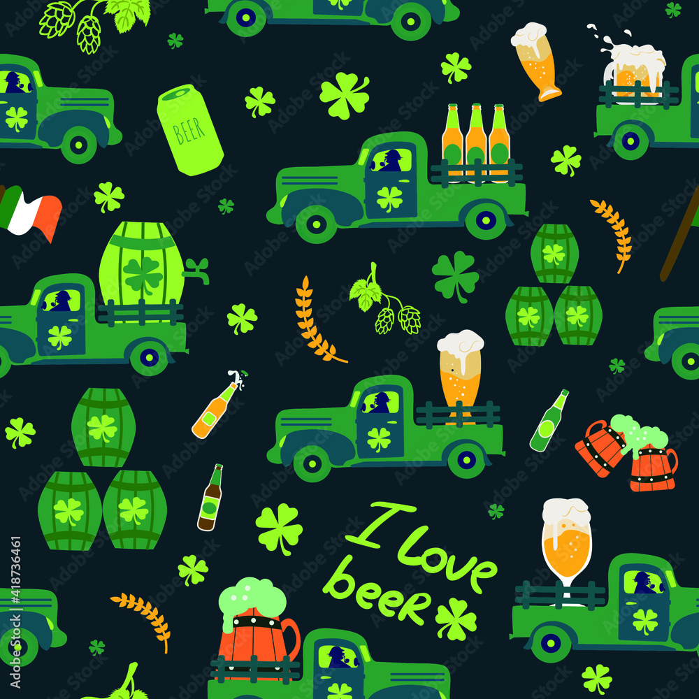 Naklejka premium Saint Patrick's day background, seamless pattern with Shamrock cloves vintage Truck and beer Glass, bottles, draft beer. Beer theme